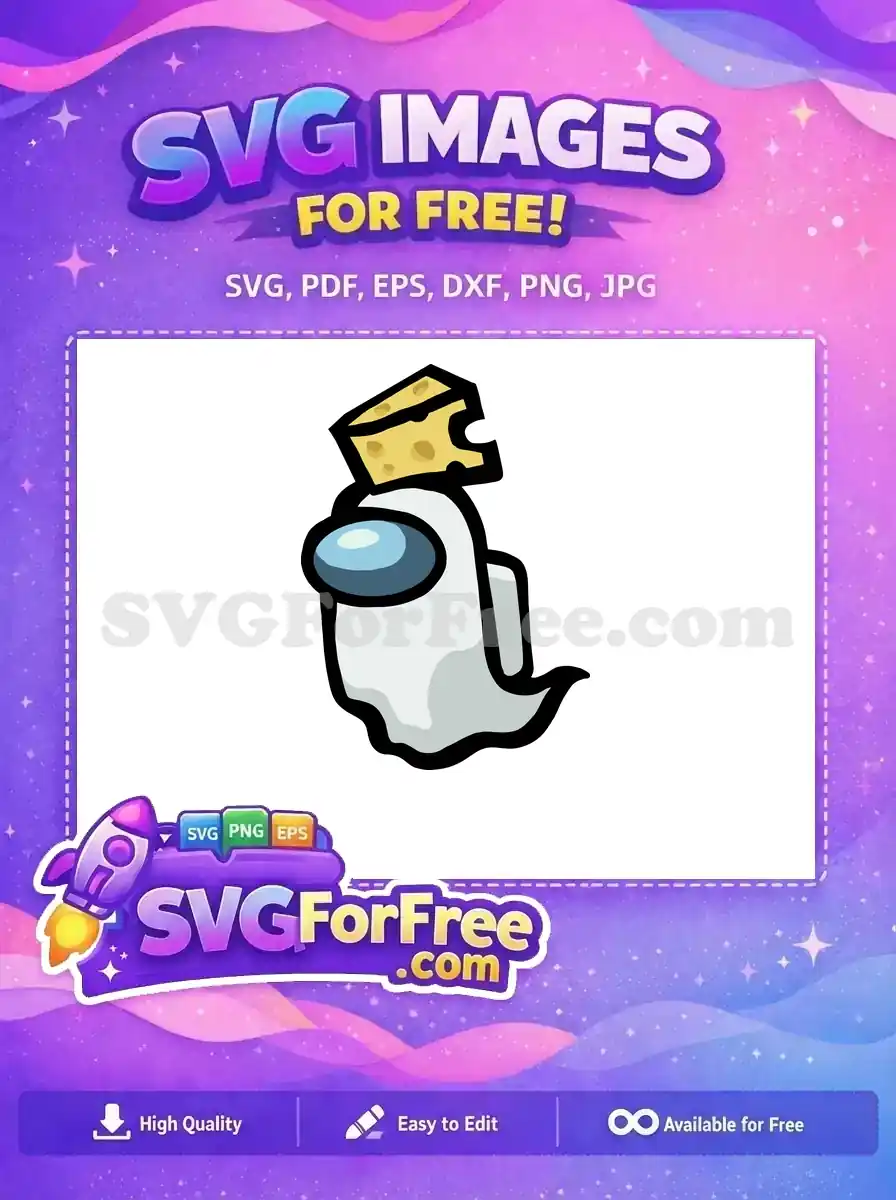 A free Among Us ghost character wearing a slice of Swiss cheese on its head, suitable for various creative projects and crafts.