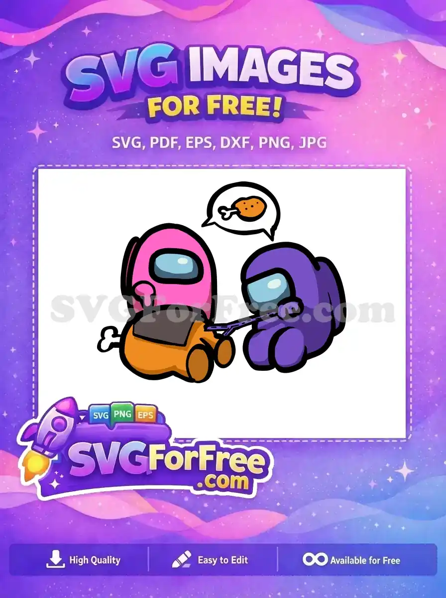 A free Among Us imposter kill scene with pink and purple crewmates; one reveals a chicken leg thought bubble. A free design.