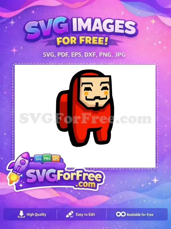 A free Among Us crewmate in red, cleverly disguised with a Guy Fawkes mask, ready for your creative projects. Download this free design now!