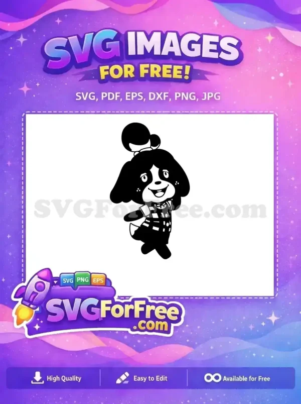 A delightful free design featuring Isabelle from Animal Crossing, a cheerful dog character in black and white.