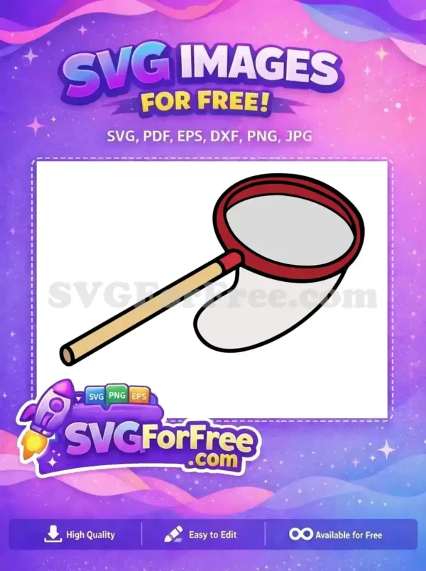 Free Butterfly Net SVG Design for Endless Creative Fun A vibrant, free butterfly net SVG with a wooden handle and red rim, ready for your creative projects. Download this free design now!
