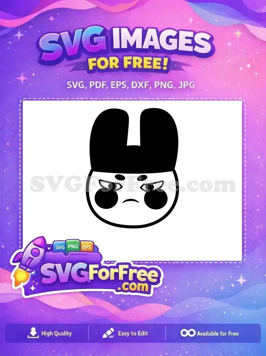 A free grumpy bunny face SVG, black and white, featuring downturned mouth and furrowed brows. A versatile free vector design.