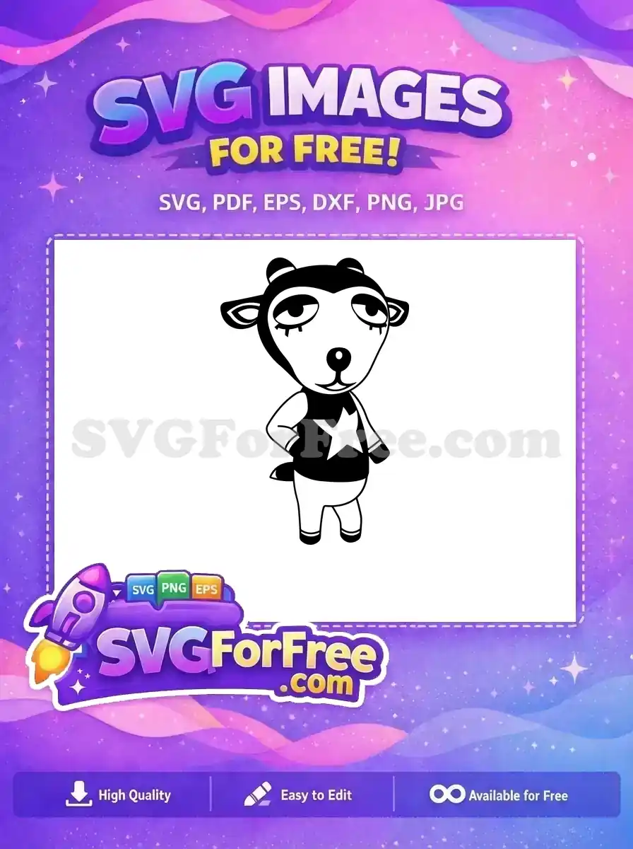 A free design featuring a black and white outline of Sherb, the adorable goat villager from Animal Crossing, standing with hands on hips, wearing a star-emblazoned shirt. This free SVG is ready for creative projects!