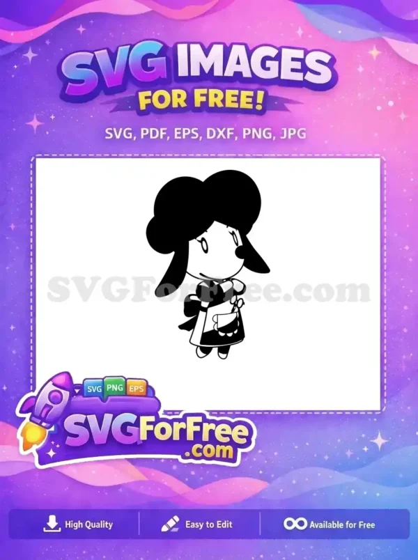 Cute Free Maid Character SVG – Adorable Crafty Free Design A charming free cartoon maid character holding scissors and an apron, rendered in a crisp black vector art style. Download this free design today!