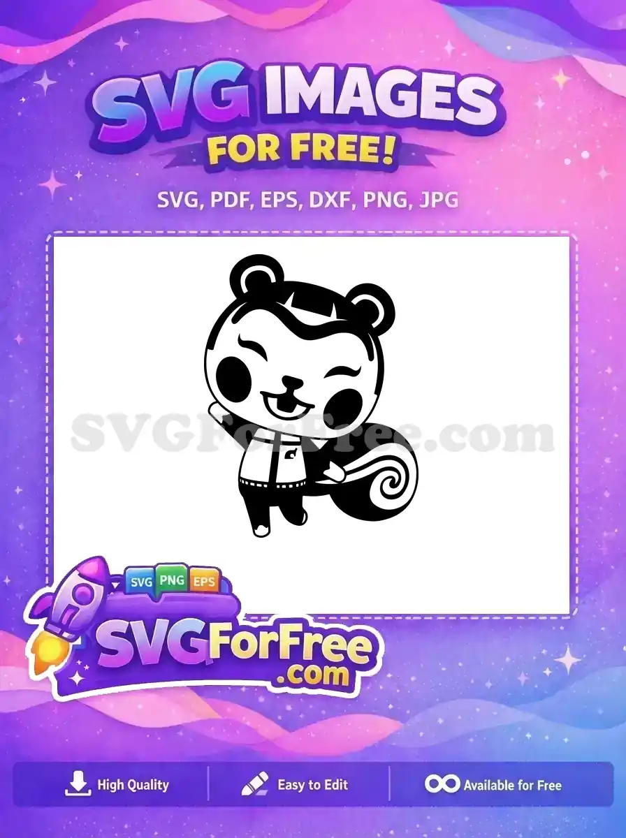 A delightful free SVG design featuring a cute, smiling cartoon skunk with a striped tail, waving cheerfully. This free vector is perfect for crafts.