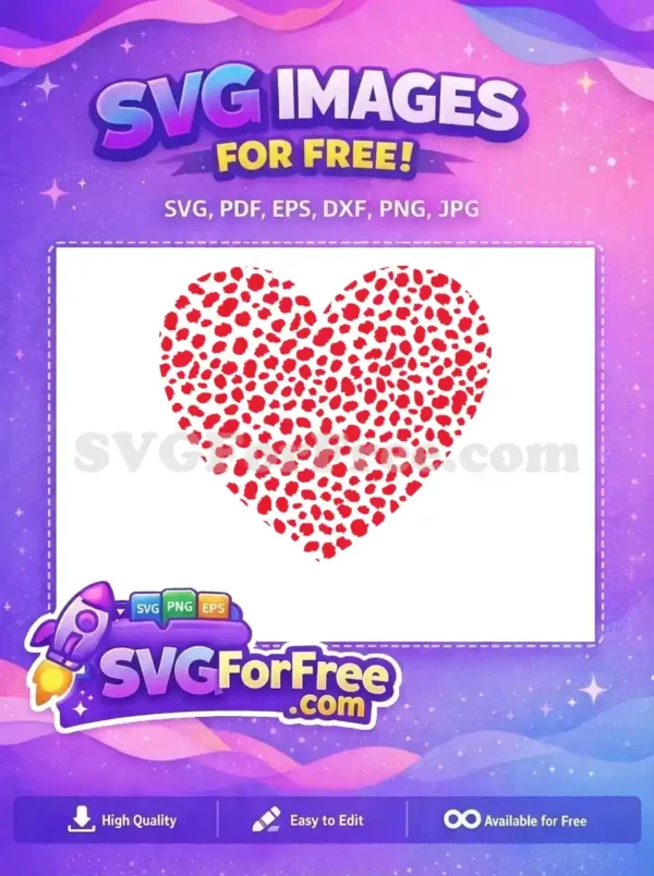 A captivating free heart SVG with a bold red dalmatian-like spotted pattern, ideal for romantic or playful crafts.