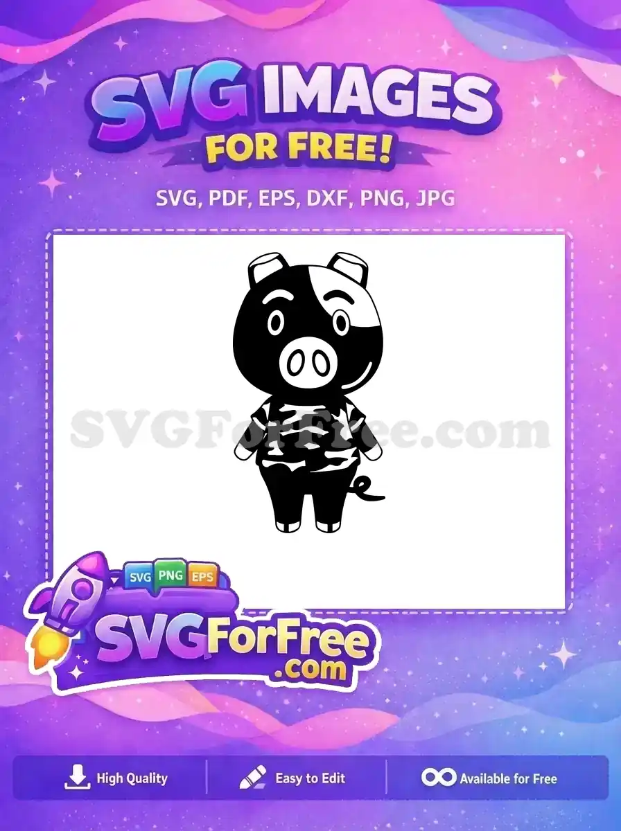 A charming, free black and white pig character in a patterned shirt, an adorable free SVG for creative projects.