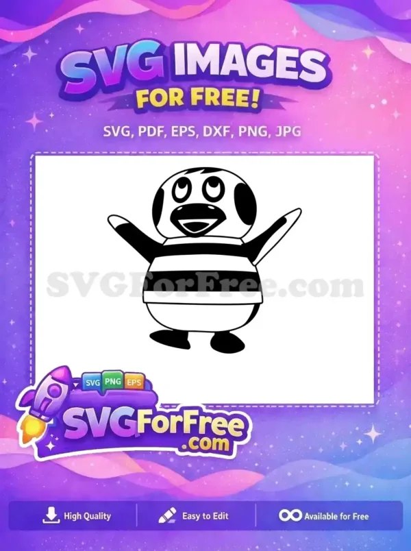 Free cheerful striped penguin SVG with outstretched flippers, a happy expression, and upward-looking eyes. A fun free graphic for all!