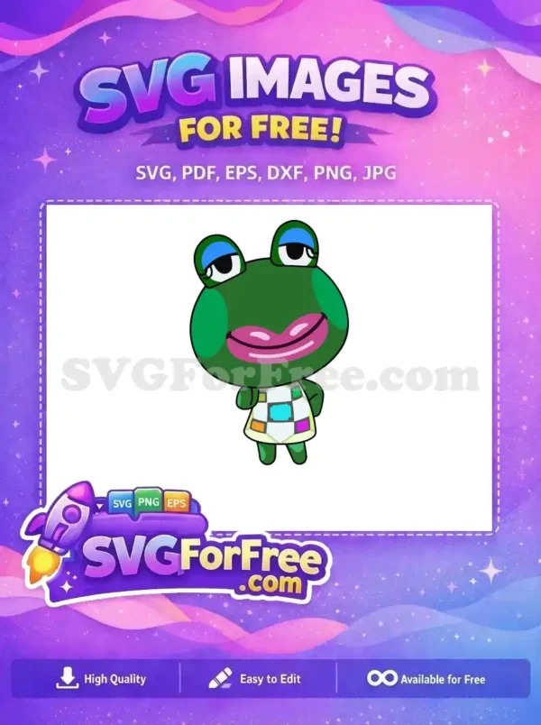 A vibrant free SVG of a green frog character wearing a colorful patchwork dress, featuring expressive eyes and pink lips. This free design is ready to use!