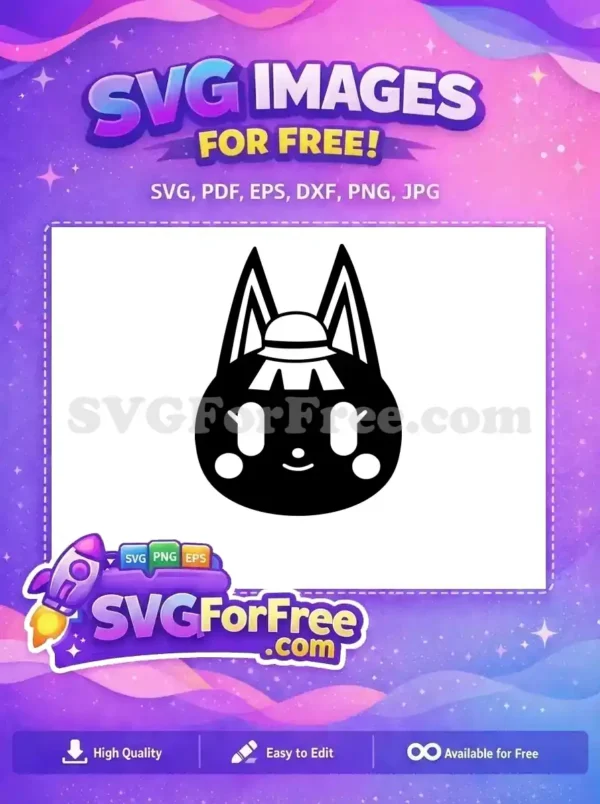 A delightful free SVG of a black and white cartoon cat face with pointy ears and a hat, ready for your next free project.