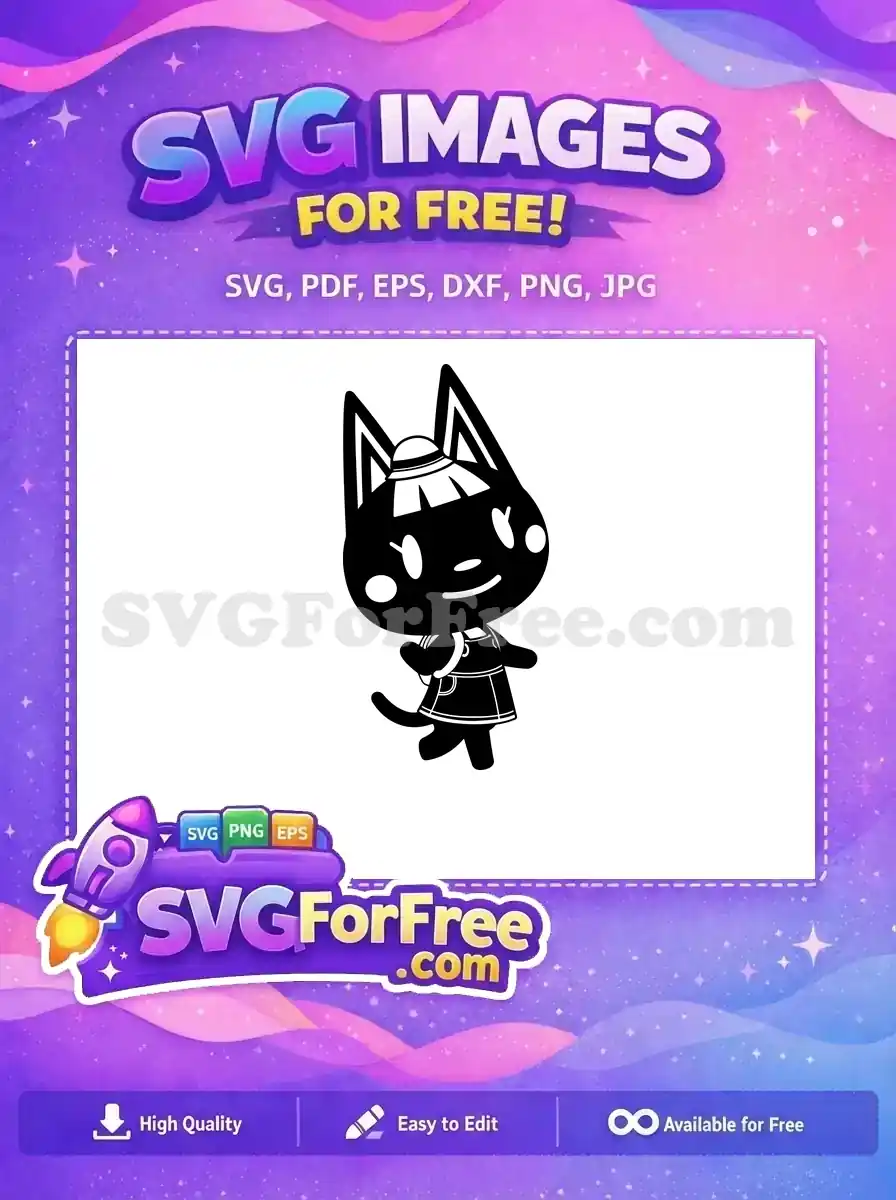 Free adorable cat character SVG, perfect for crafting. This black and white vector design is a free download, ready for personal projects and fun creations. Get your free animal crossing style cat now!