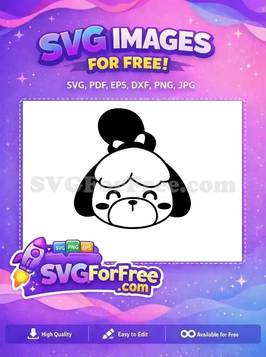 A free, minimalist black and white SVG of Isabelle from Animal Crossing, smiling with eyes closed. A cute free design for crafts.