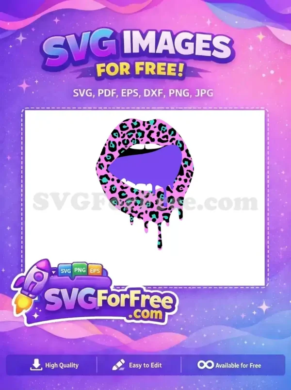 This free vibrant leopard print lips SVG features a dripping purple tongue, offering a bold, expressive design for free.