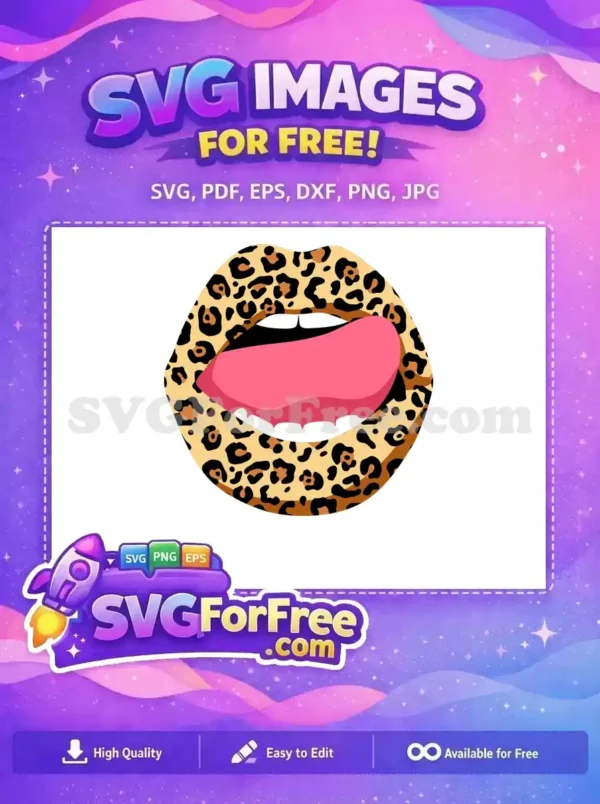 A vibrant free SVG of open lips with a striking leopard print pattern and a playful pink tongue sticking out.