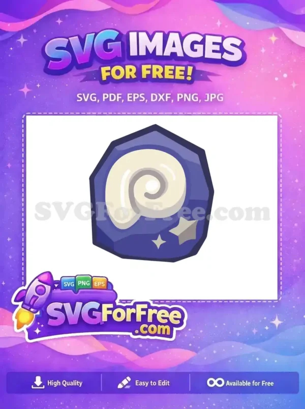 A vibrant free fossil icon featuring a spiraled shell on a purple gem-like background, complete with free sparkling stars. Download this free SVG!