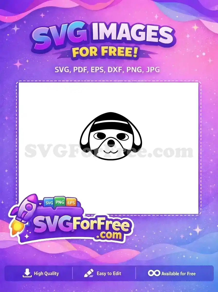 A free black and white cartoon dog head with a headband, a versatile SVG design for all your creative projects.