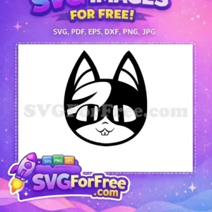 A minimalist free black and white cat face SVG, featuring stylized ears, eyes, and a cute mouth with two teeth. Ideal for crafting.