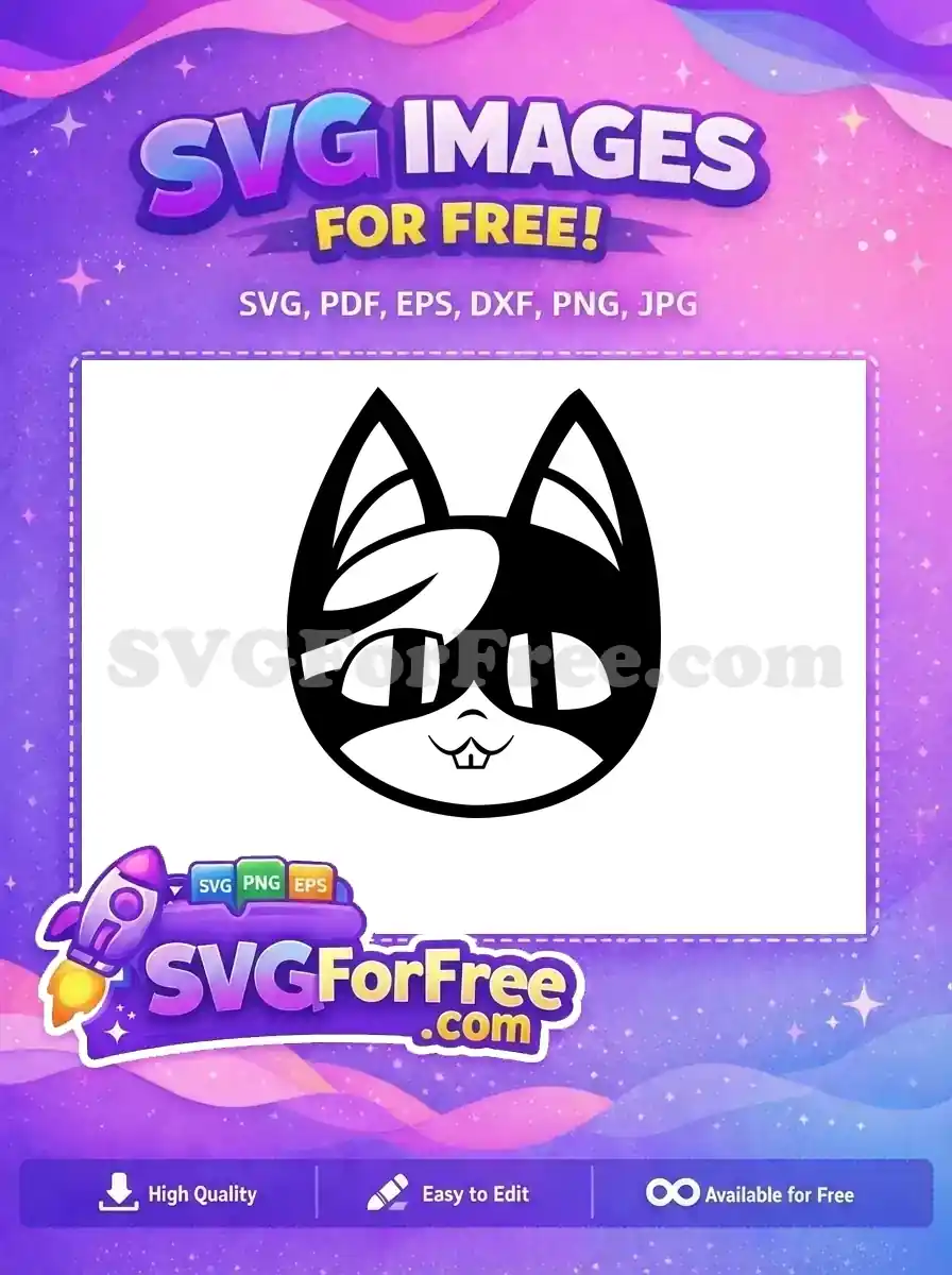 A minimalist free black and white cat face SVG, featuring stylized ears, eyes, and a cute mouth with two teeth. Ideal for crafting.