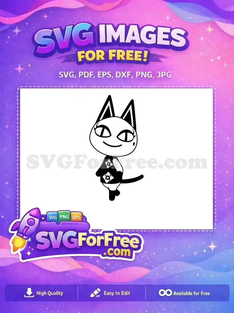 A free SVG of a friendly cartoon cat, black and white, with pointed ears and a patterned vest. A free design perfect for crafting.