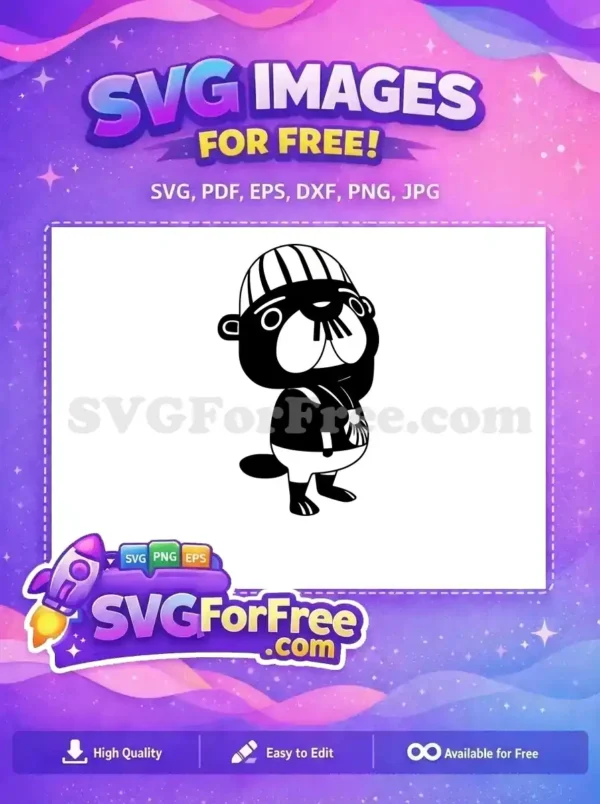 A free design of a cute cartoon beaver-like character in black and white, wearing a striped hat and diaper. Ideal for free craft projects.
