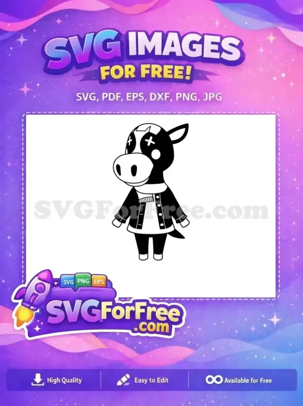 A free design featuring a black and white cartoon cow character with 'X' eyes, wearing a jacket and striped scarf. Perfect free vector.