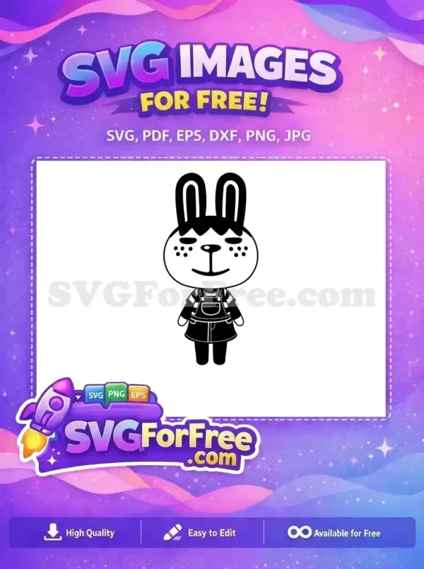 A charming free black and white cartoon bunny character in overalls, perfect for cute, free design projects.