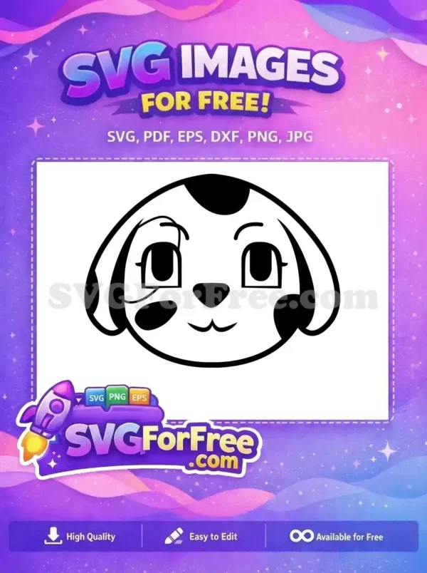 Free Cartoon Dog Face SVG – Adorable Dalmatian Design A free black and white cartoon dog face, featuring a Dalmatian-like character with spots. A versatile free SVG design.