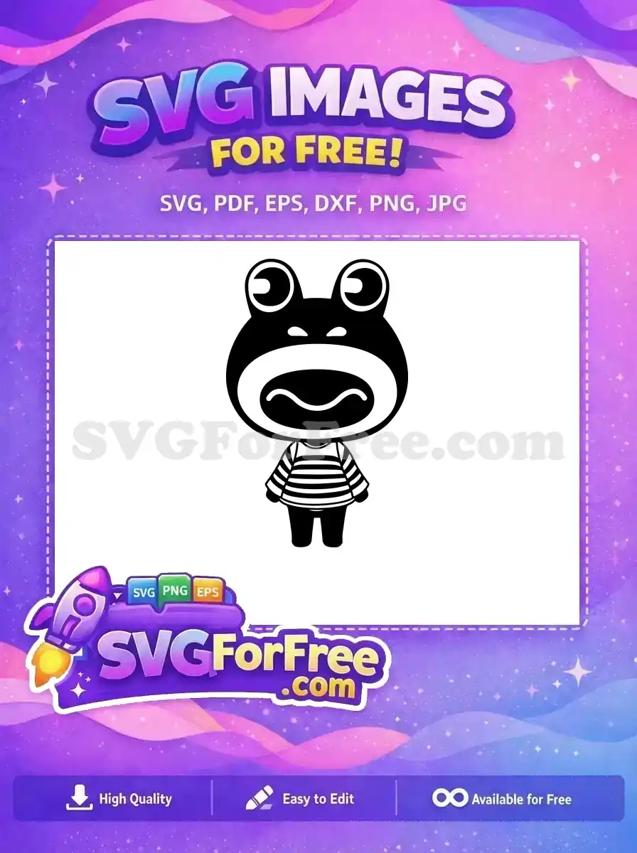 A free cartoon frog character in a striped shirt, featuring large eyes and a wide, wavy mouth. Perfect free SVG for crafts.