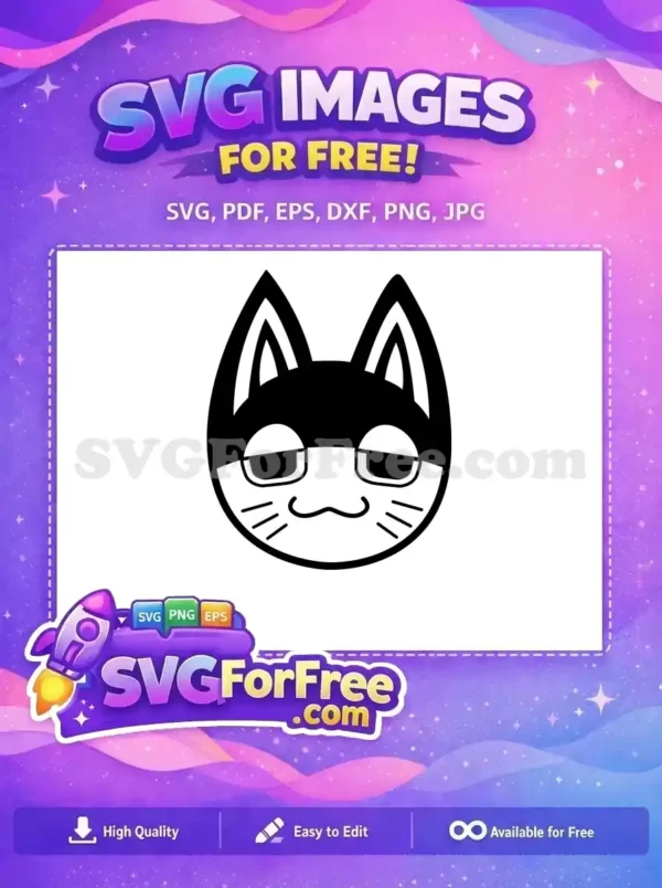 This free black and white cat face SVG features a minimalist, stylized design with pointy ears and a relaxed expression. A fantastic free vector for crafts!