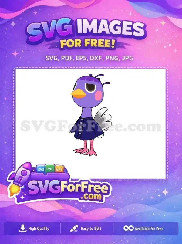 Free Animal Crossing Jay Bird Design – Instant Free SVG! Free design of a purple bird character, likely Jay from Animal Crossing, wearing a blue coat. A fantastic free vector asset!