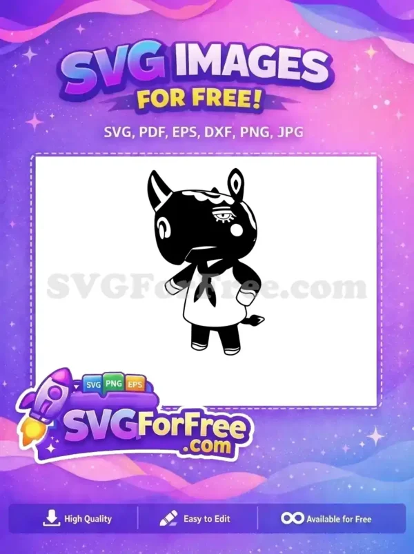 A free black and white vector of an Animal Crossing inspired character, possibly an anteater or rhino, wearing a shirt. This free design is perfect for crafting.