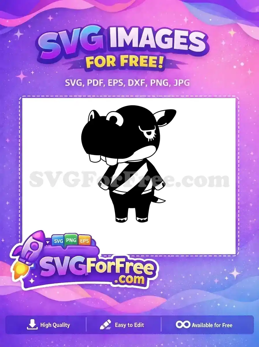 A free black and white cartoon hippo character SVG, featuring a sleepy expression and a striped shirt design.