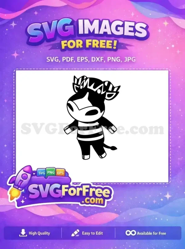 Cute Striped Cow Free SVG: Adorable Animal Design! A charming, free black and white cartoon cow SVG standing, with bold stripes and a friendly expression. Ideal free design for crafting.