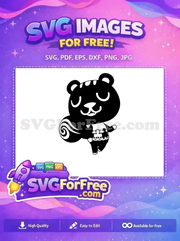 A delightful free cartoon skunk character design, smiling with a patterned shirt and a whimsical swirly tail. Perfect free SVG for crafts!