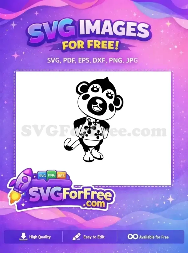Cute Floral Shirt Monkey – Free SVG Design for Crafts A free adorable black and white cartoon monkey SVG, wearing a floral shirt with hands on hips. A charming free design for all your creative needs!