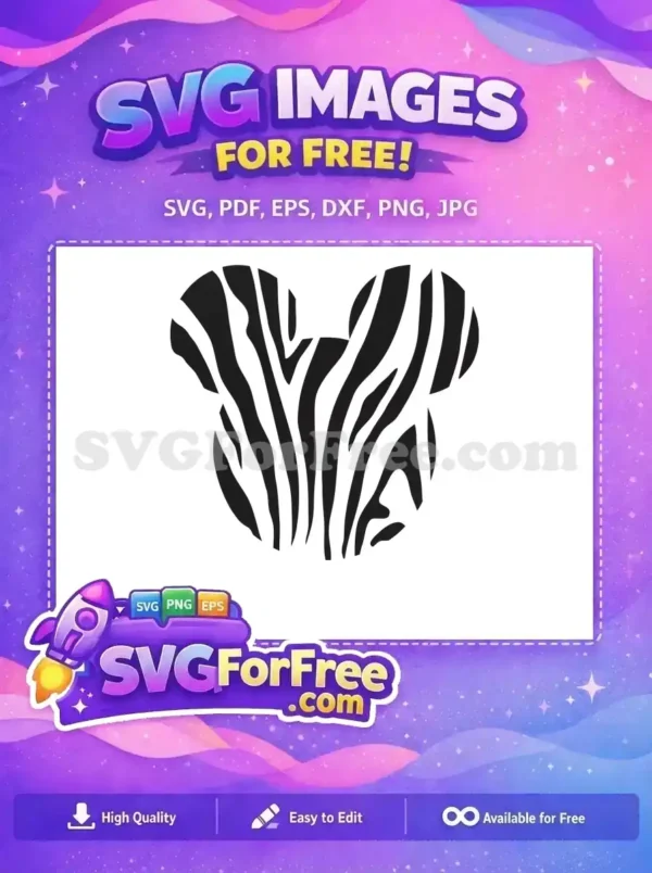 A free Mickey Mouse silhouette featuring a bold black and white zebra print pattern, ideal for crafting and decor.