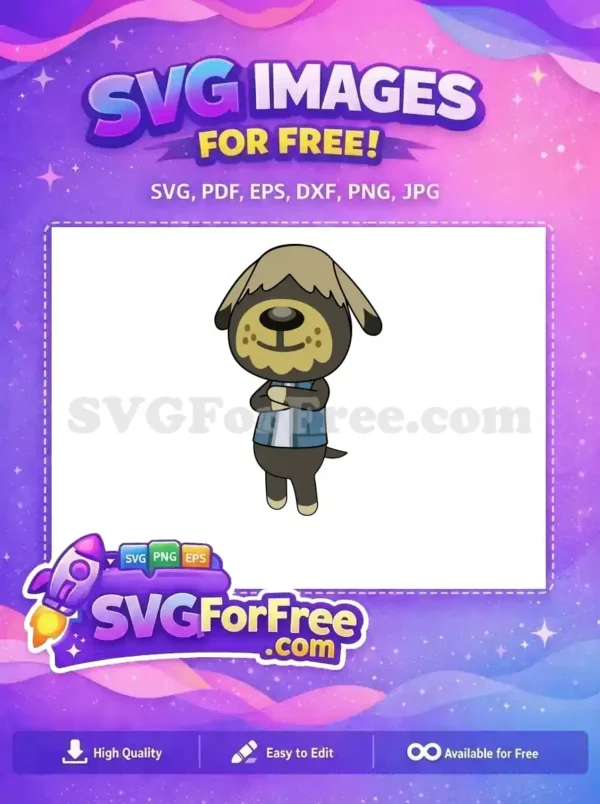 A free cartoon dog character, styled like Animal Crossing, with brown fur and a blue plaid shirt, arms crossed, ready for your free creative projects.