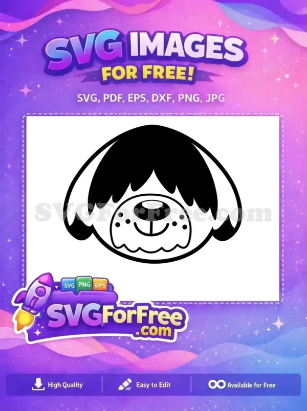 Free Adorable Cartoon Dog Face SVG Design for Crafts A lovable free cartoon dog face SVG, featuring big floppy ears, a cute nose, and a friendly smile. This free design is ideal.