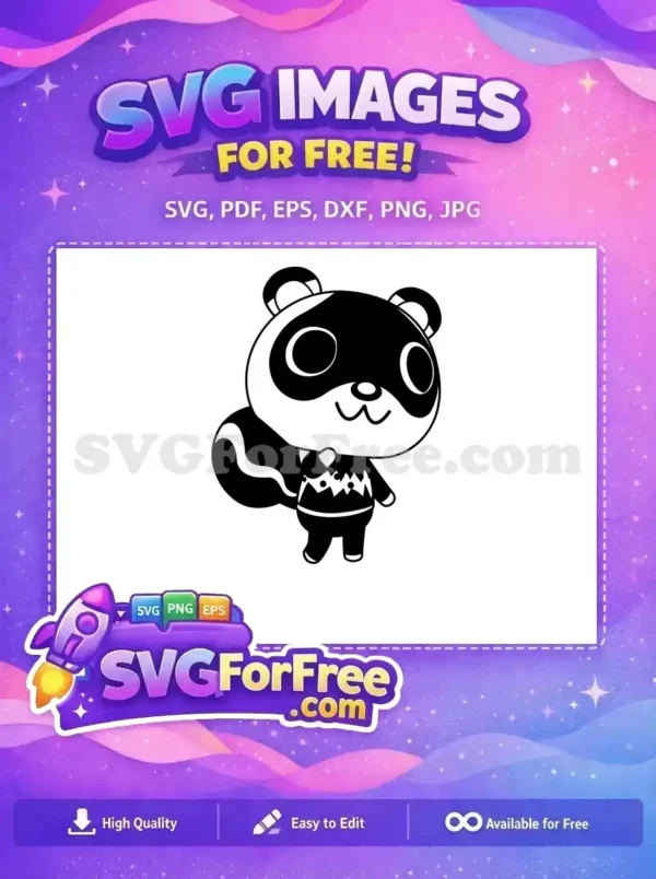 A free adorable black and white cartoon skunk character, perfect for crafters seeking a charming, free SVG design.
