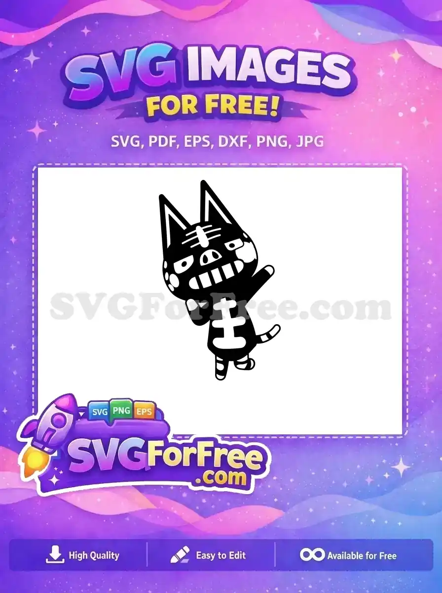 A free spooky black cat SVG design, featuring skeleton markings and a mischievous grin, ideal for free craft projects. Get this free design instantly.