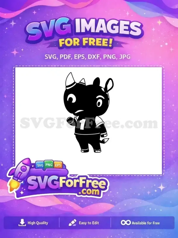 Free Rhino Mascot Design: Your Number One Free SVG Choice! A charming free black and white cartoon rhino mascot wearing a jersey with the number '1', ideal for various free design projects.