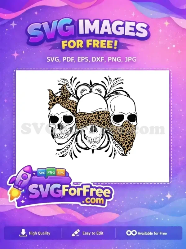 A free design showing three skulls with leopard print accessories: a bandana, blindfold, and face mask, surrounded by ornate flourishes.