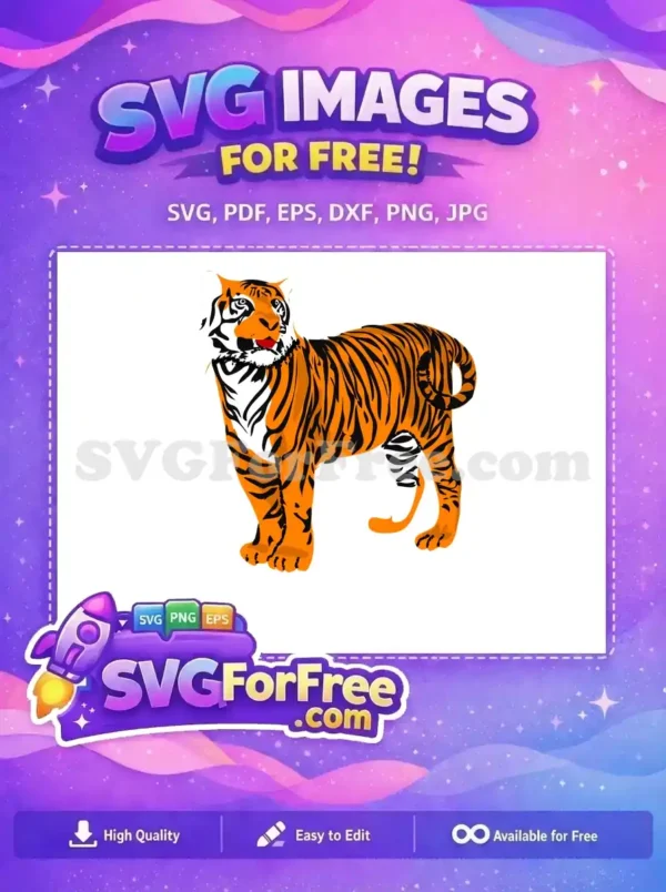 A vibrant free tiger SVG design, showcasing its iconic orange and black stripes in a majestic stance. Ideal for free creative use!