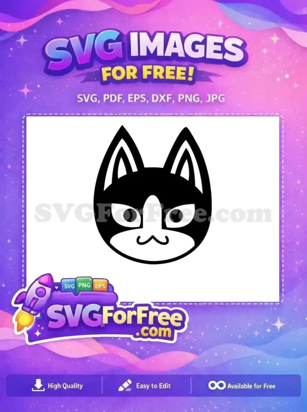 Cute Free Cat Face SVG Design – Instant Download! A free, minimalist black and white cat face SVG. This versatile design features pointy ears and a cute expression, perfect for free use.