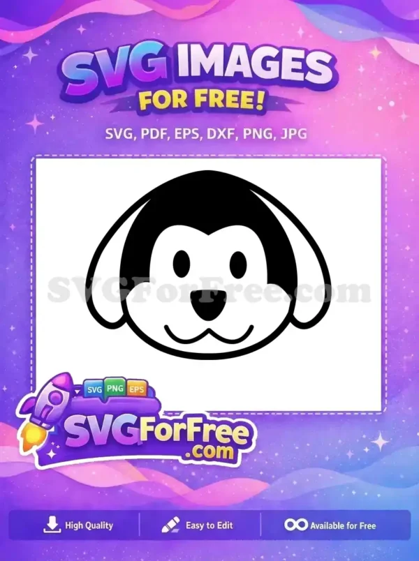 Friendly Free Dog Face SVG Icon – Simple & Adorable Design A delightful free black and white cartoon dog face icon, featuring simple lines and a friendly expression. This free SVG design is ideal for various digital and print projects, emphasizing its free availability.