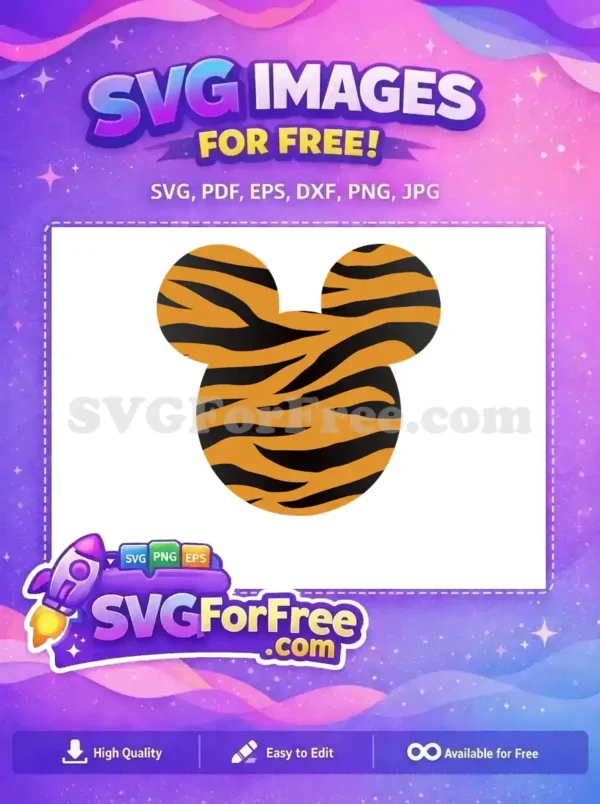 A free Mickey Mouse head silhouette featuring a bold orange and black tiger print, perfect for wild-themed projects.