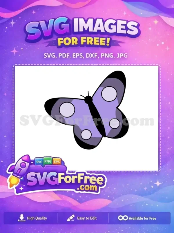 Free Purple Butterfly SVG Design – Whimsical & Ready! A vibrant free purple butterfly design, featuring bold black outlines and light circular spots on its wings.