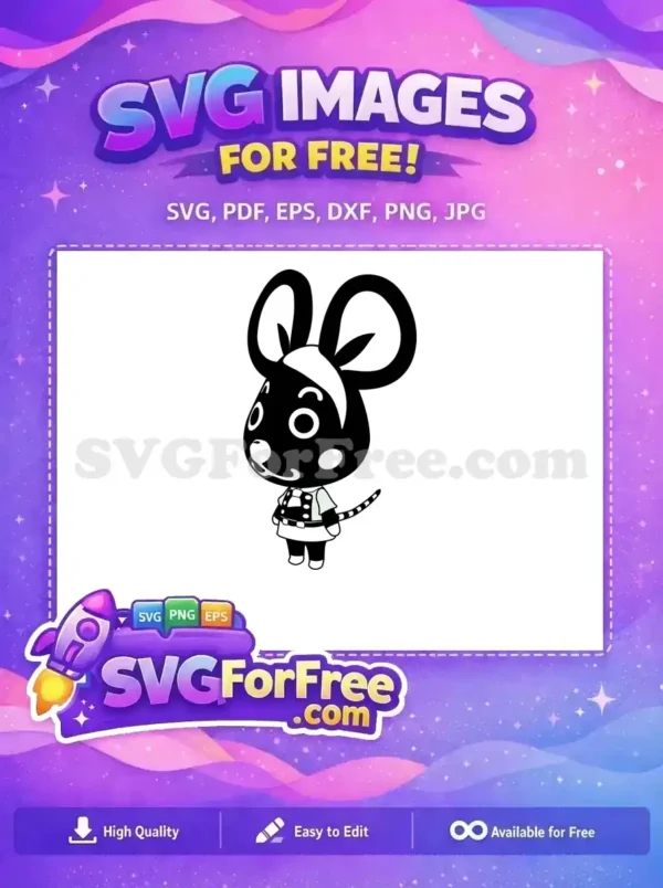 Free Animal Crossing Penelope mouse character SVG. A charming black and white vector design for personal use.
