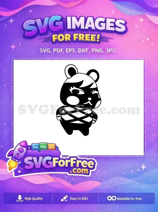 A free black and white Animal Crossing style bear character SVG, perfect for crafting. Download this free delightful design.