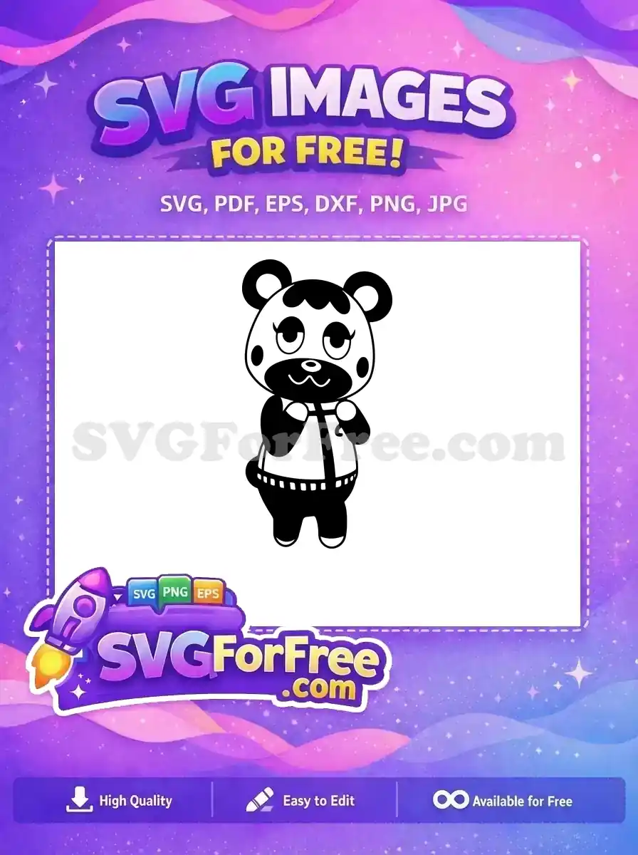 A charming free cartoon bear character in black and white, wearing overalls, designed as a versatile free SVG for various projects.
